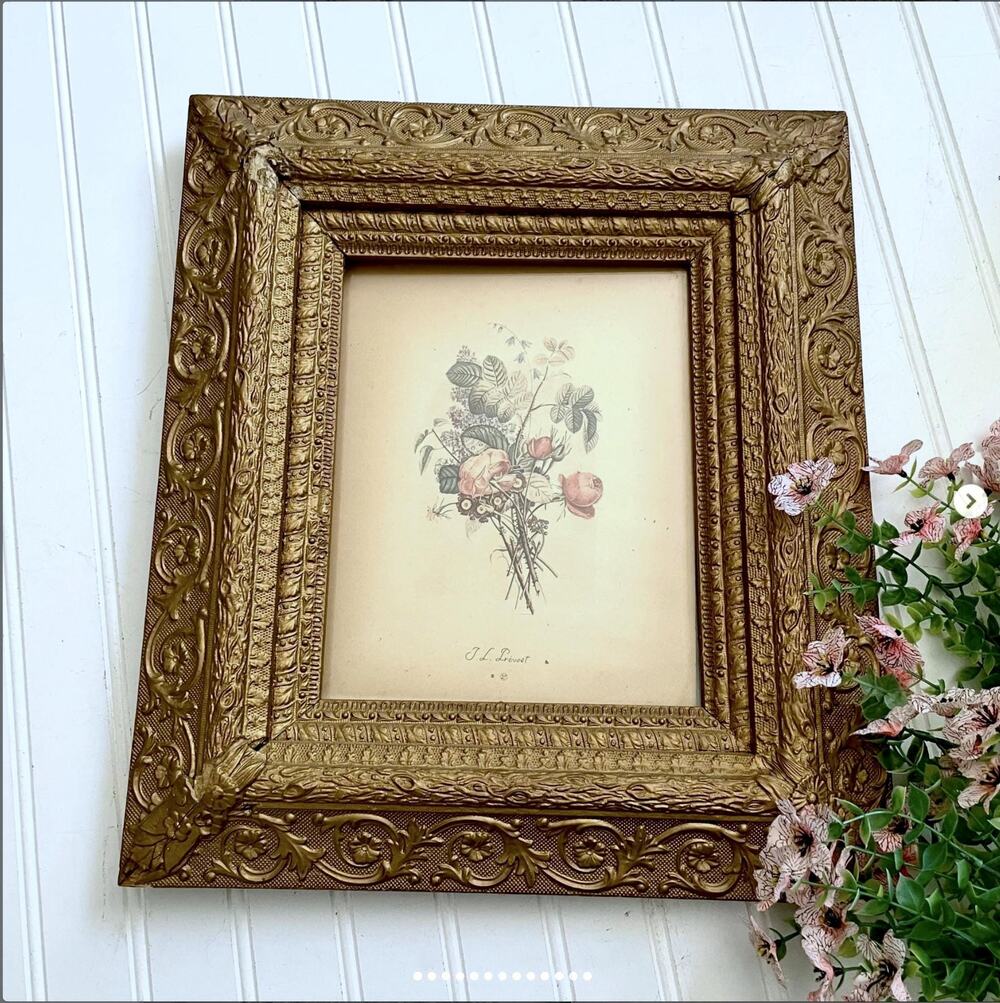 Antique Ornate Gold Gilt Carved Wood Gesso Frame Prévost Botanical Print Chippy